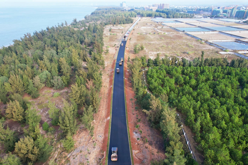 海南環(huán)島旅游公路東方段路面瀝青攤鋪施工現(xiàn)場(chǎng)。 海南省交通投資控股有限公司供圖